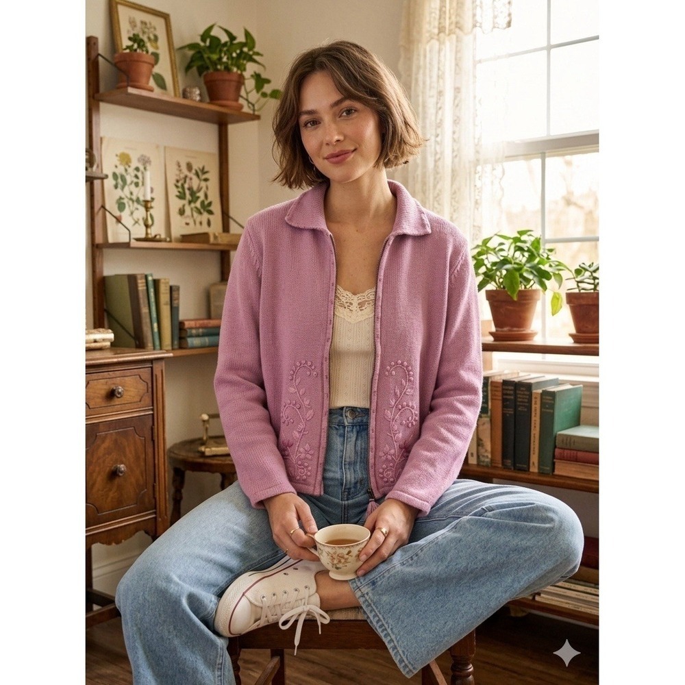 Crystal Kobe Pink Ramie Cotton Zip Cardigan Sweater Sz L Cottagecore Grannycore